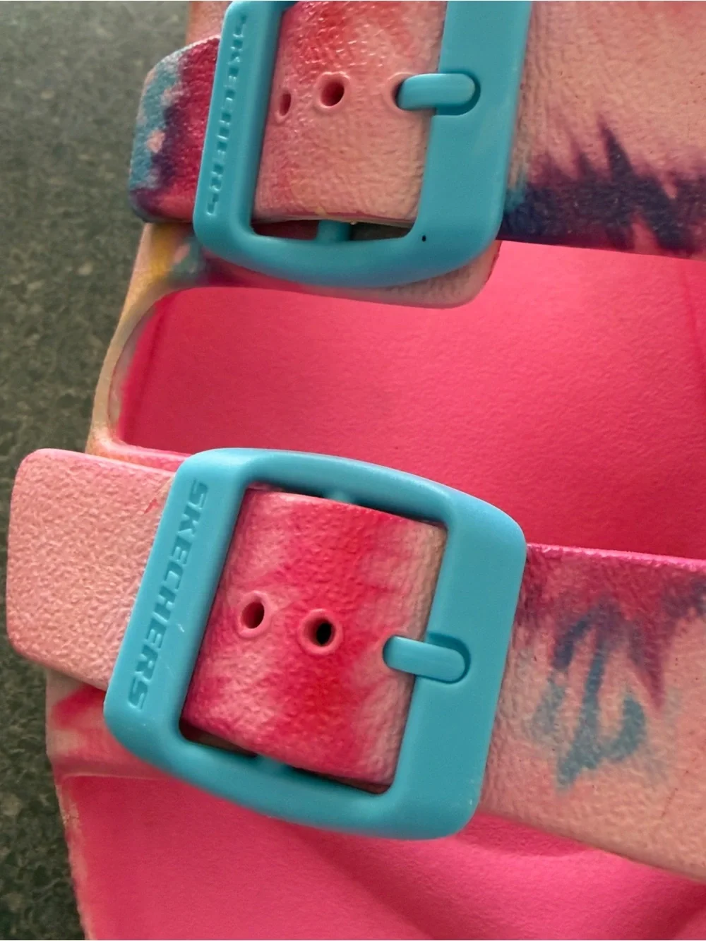 Skechers Pink Tie-Dye Slide Sandals with Blue Buckles 1